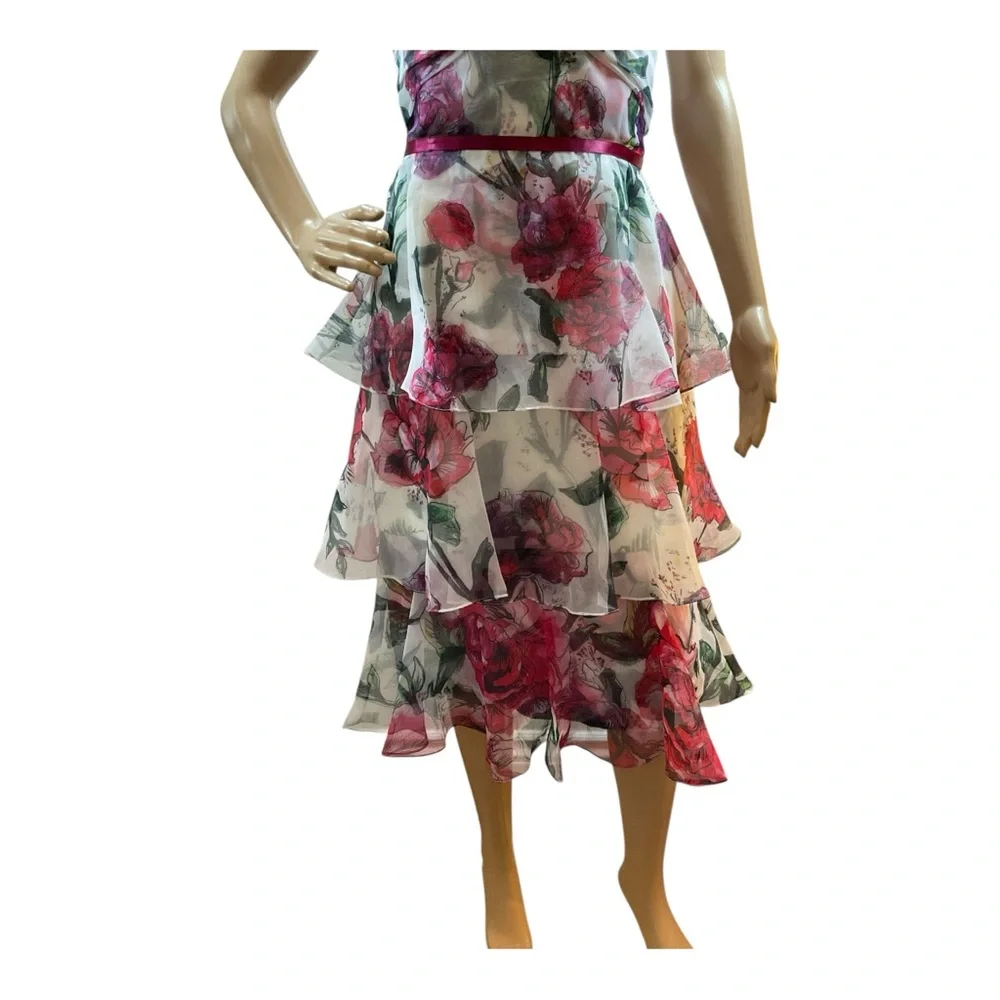 Marchesa Notte WomenFloral Tiered WhitePink Ruffle Fit & Flare Midi Dress Size 6 - Picture 3 of 16